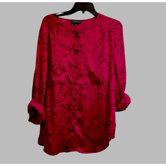 Elementz Red Black Leaf Print Button Down Tunic Shirt Size Large Classic NWT - Picture 7 of 7